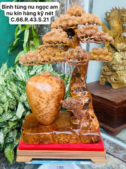 Bình Tài Lộc Và Cây Tùng Nu Gỗ Ngọc Am Nu Kín Thơm