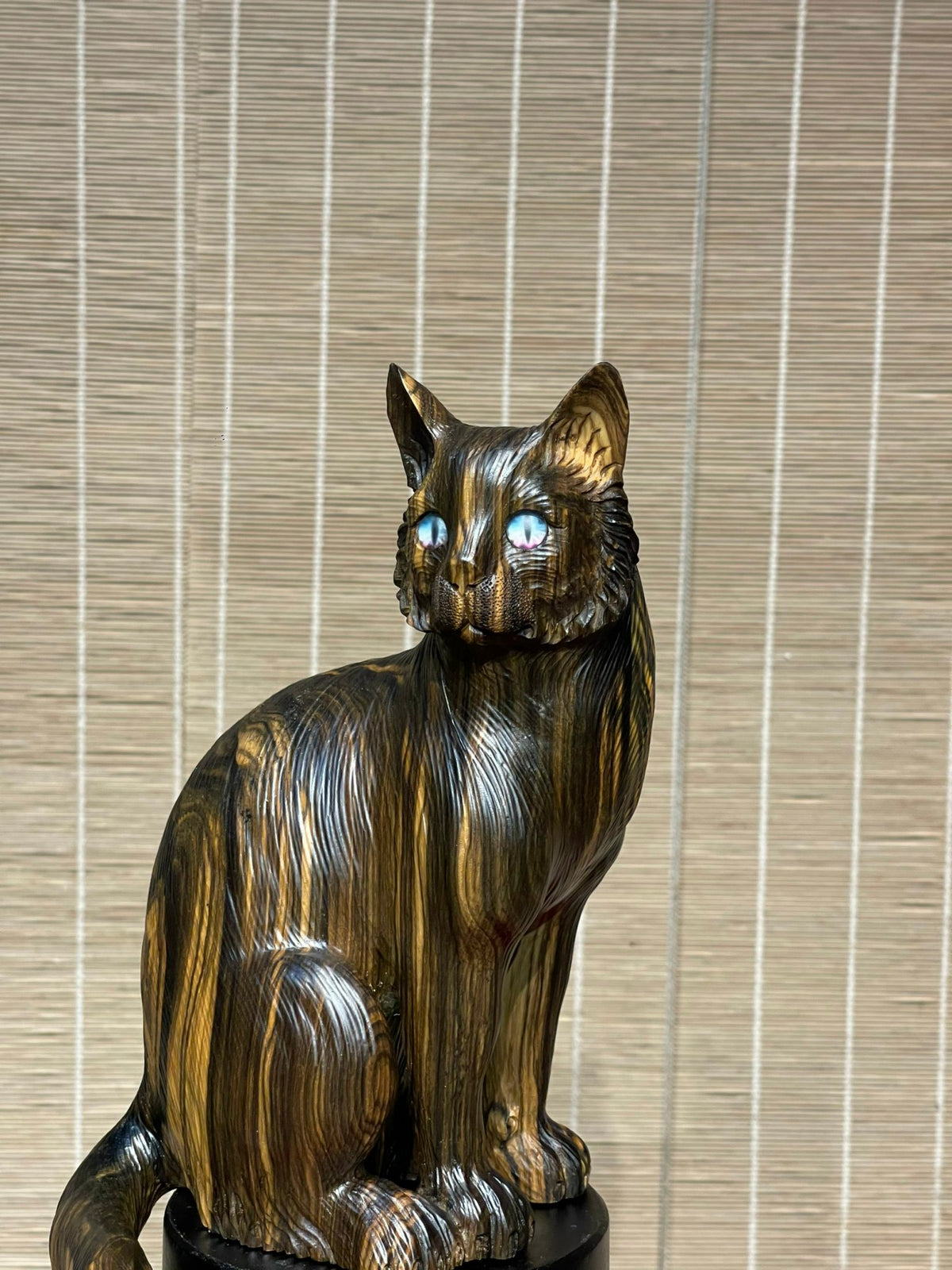 Tượng Linh Vật Con  Mèo Trang Trí Gỗ Mun Hoa Cao 41cm
