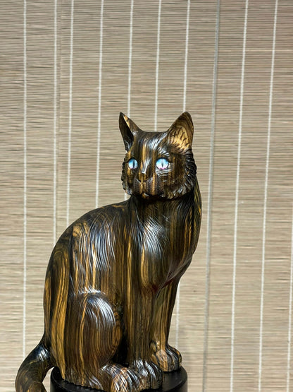Tượng Linh Vật Con  Mèo Trang Trí Gỗ Mun Hoa Cao 41cm