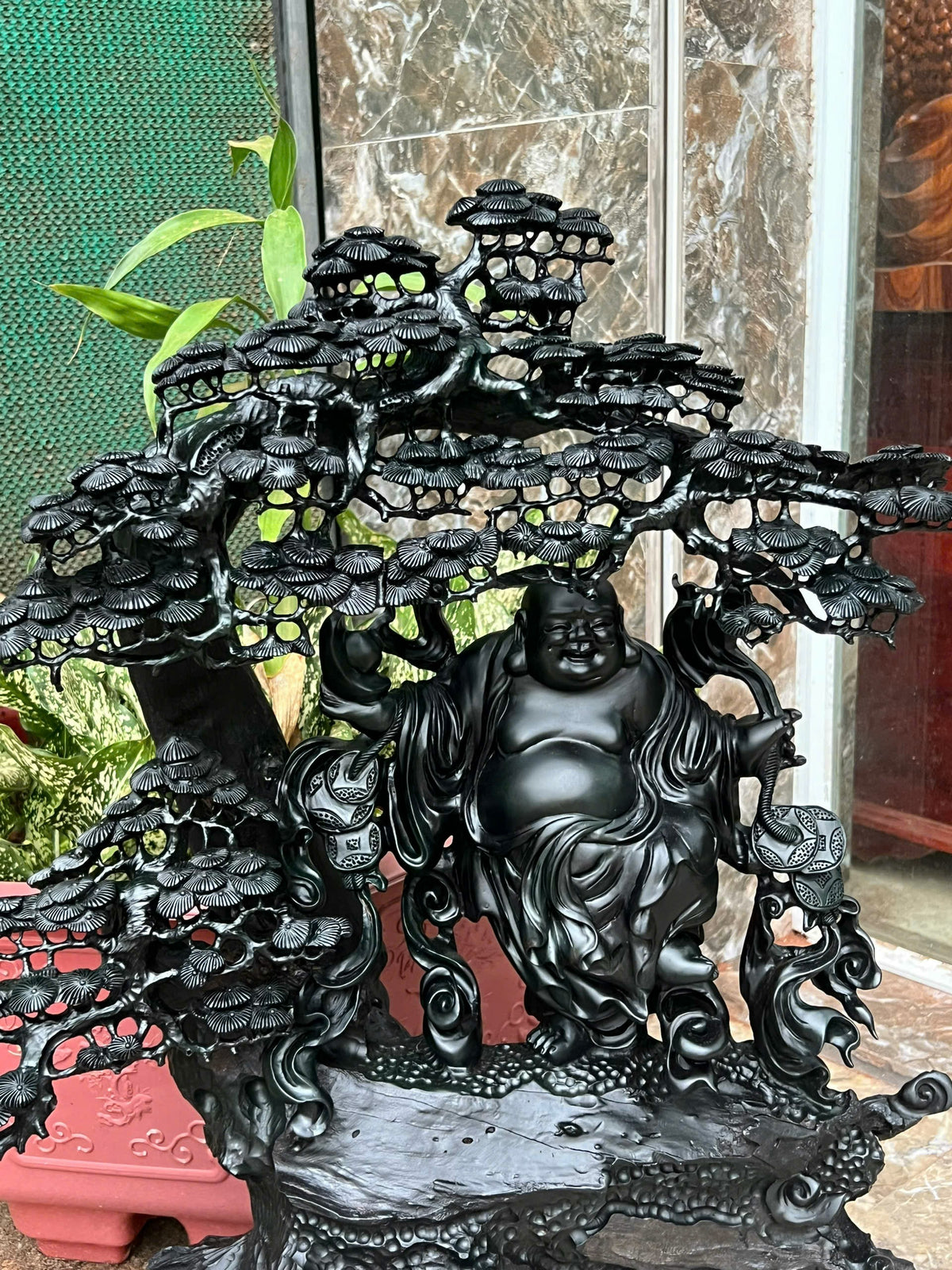 Tượng Di Lặc Đứng Cây Tùng Gỗ Mun Sừng - Cao 73cm