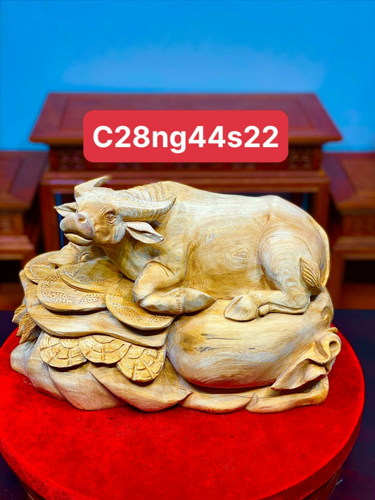 Tượng Linh Vật Con Trâu Gỗ Ngọc Am Để Mộc Liền Khối Cao 28cm