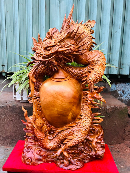 Tượng Nhất Long Trấn Chum Phong Thủy Gỗ Hương Cao 63cm