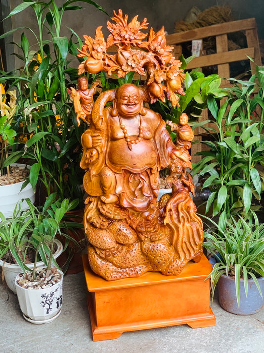 Tượng di lặc gánh cành đào gỗ hương ta cao 103cm