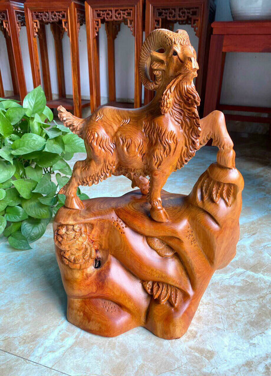 Tượng Dê Phong Thủy Bằng Gỗ Hương Ta Cao 46cm