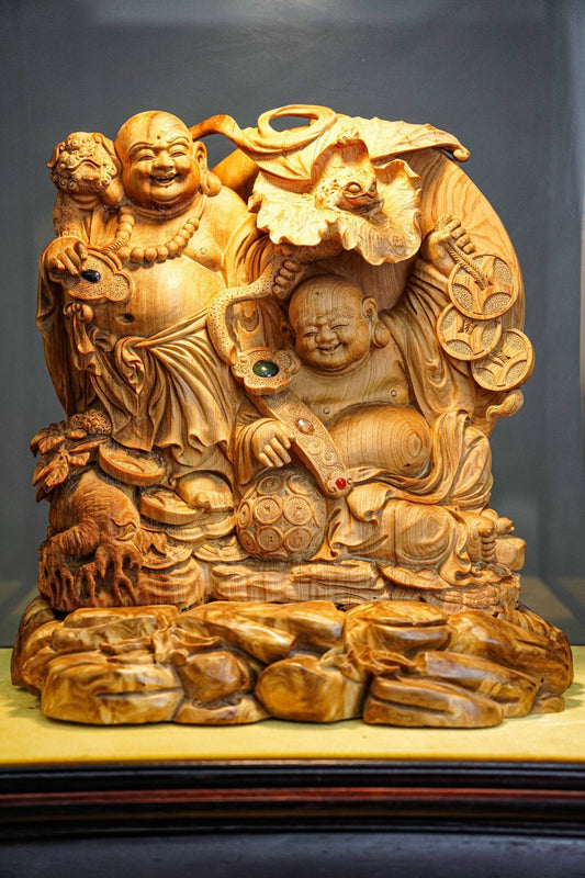 Tượng Gỗ Di Lặc Song Phúc Hoàng Đàn Tuyết Lạng Sơn Cao 31cm