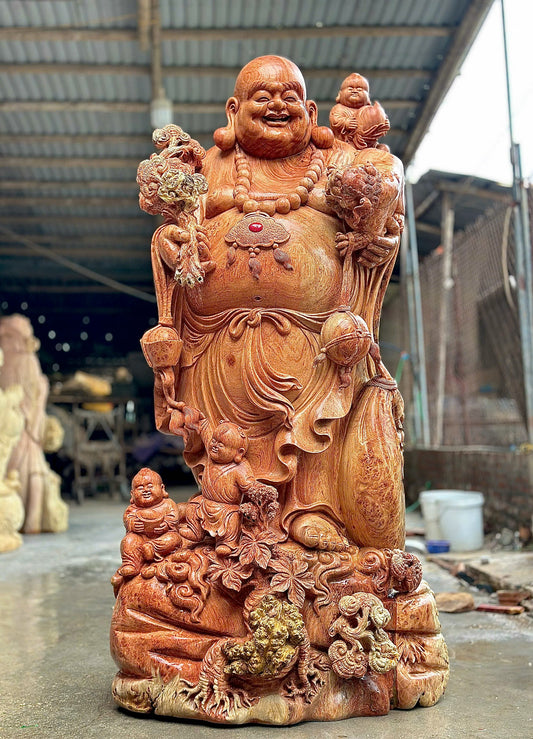 Tượng Gỗ Di Lặc Tam Phúc - Siêu Phẩm Nu Hương Đá  Cao 1m8