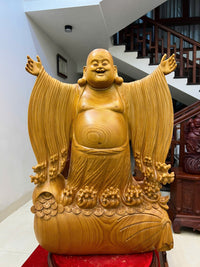 Tượng Di Lặc Nghênh Hỷ Gỗ Ngọc Am Liền Khối - Phong Thủy, Cao 75cm