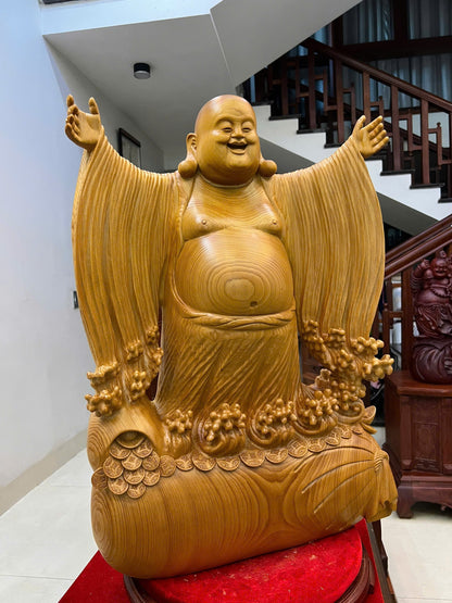 Tượng Di Lặc Nghênh Hỷ Gỗ Ngọc Am Liền Khối - Phong Thủy, Cao 75cm