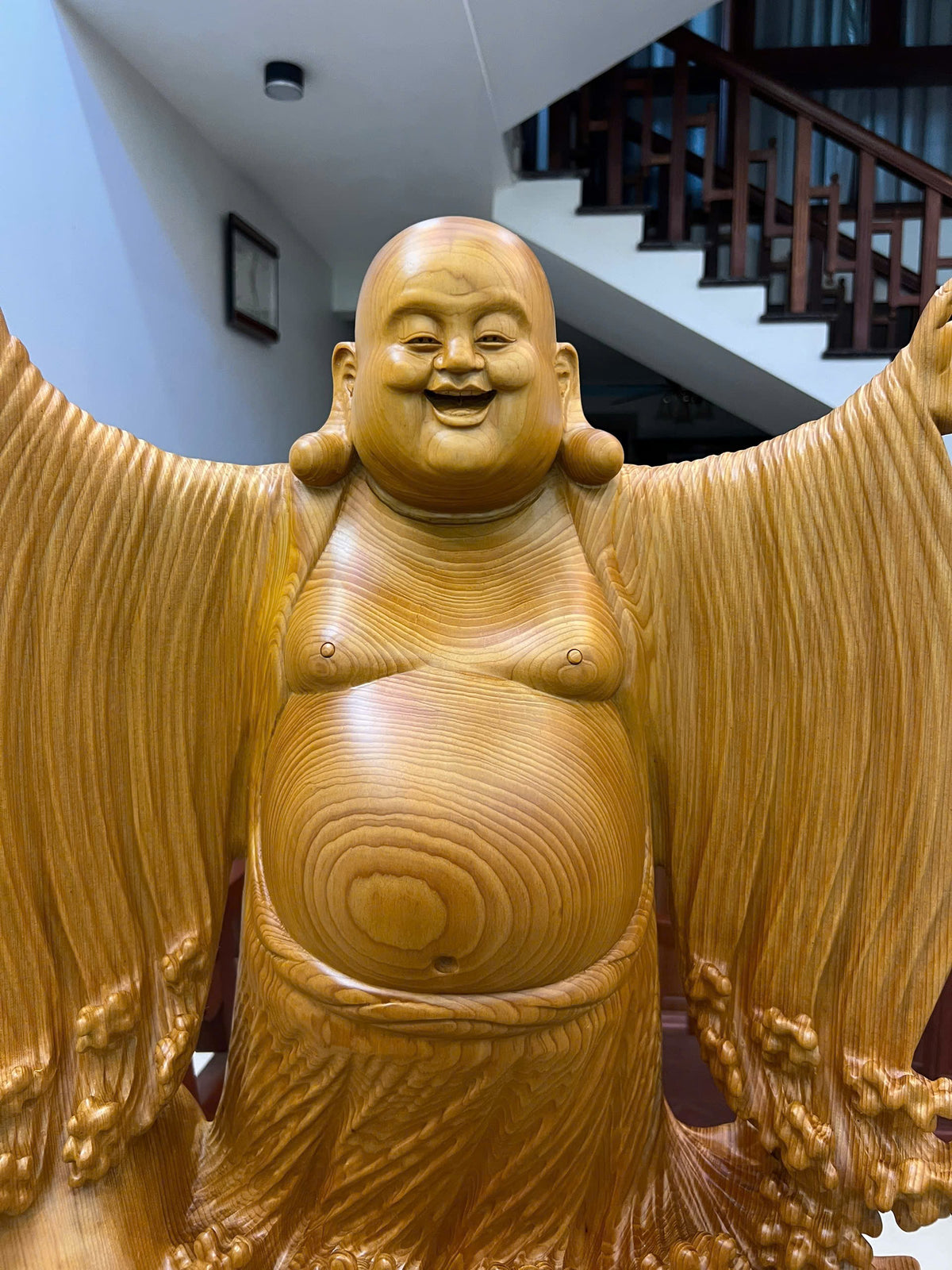 Tượng Di Lặc Nghênh Hỷ Gỗ Ngọc Am Liền Khối - Phong Thủy, Cao 75cm