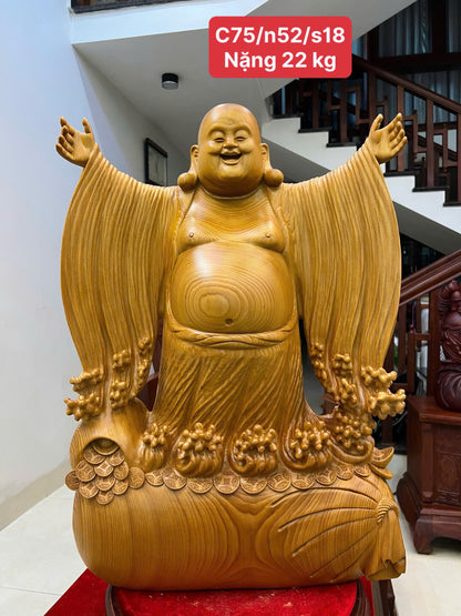 Tượng Di Lặc Nghênh Hỷ Gỗ Ngọc Am Liền Khối - Phong Thủy, Cao 75cm