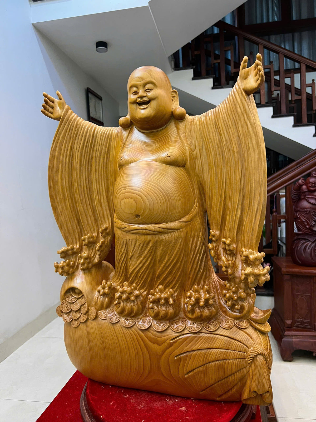 Tượng Di Lặc Nghênh Hỷ Gỗ Ngọc Am Liền Khối - Phong Thủy, Cao 75cm