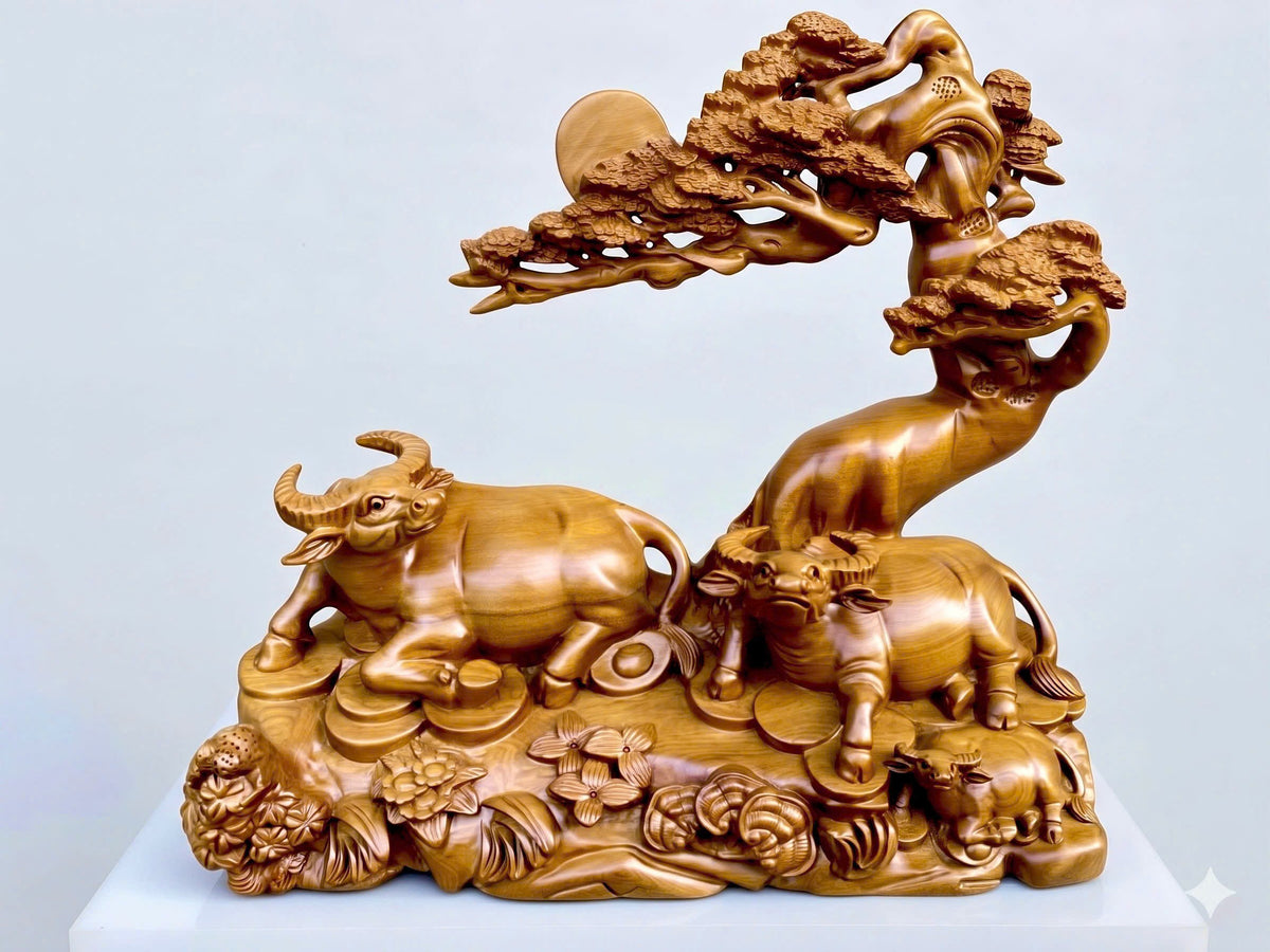 Tượng Linh Vật Ngưu Gia - Gia Đình Trâu Gỗ Bách Xanh- Biểu Tượng Gia Đình Hưng Thịnh Viên Mãn Cao 40cm