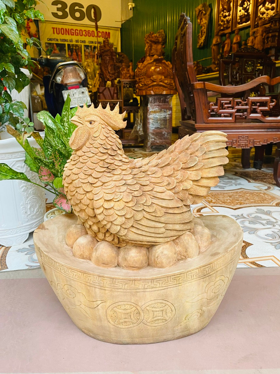 Gà Mái Ấp Trứng Vàng Kim Kê Sanh Tài Gỗ Ngọc Am Cao 48