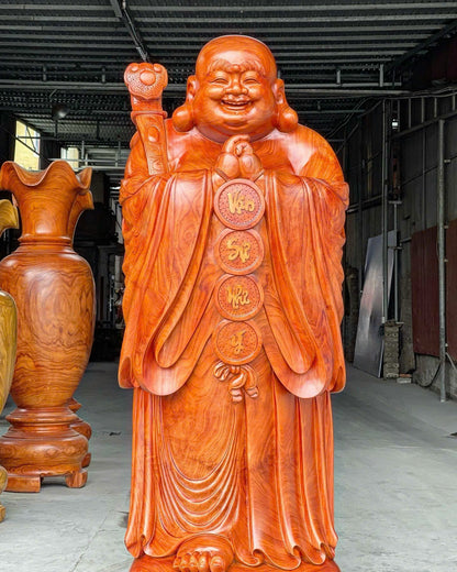 Di Lặc Chúc Phúc Gỗ Hương Đỏ Hàng Đục Thủ Công Siêu Vân Cao 2m