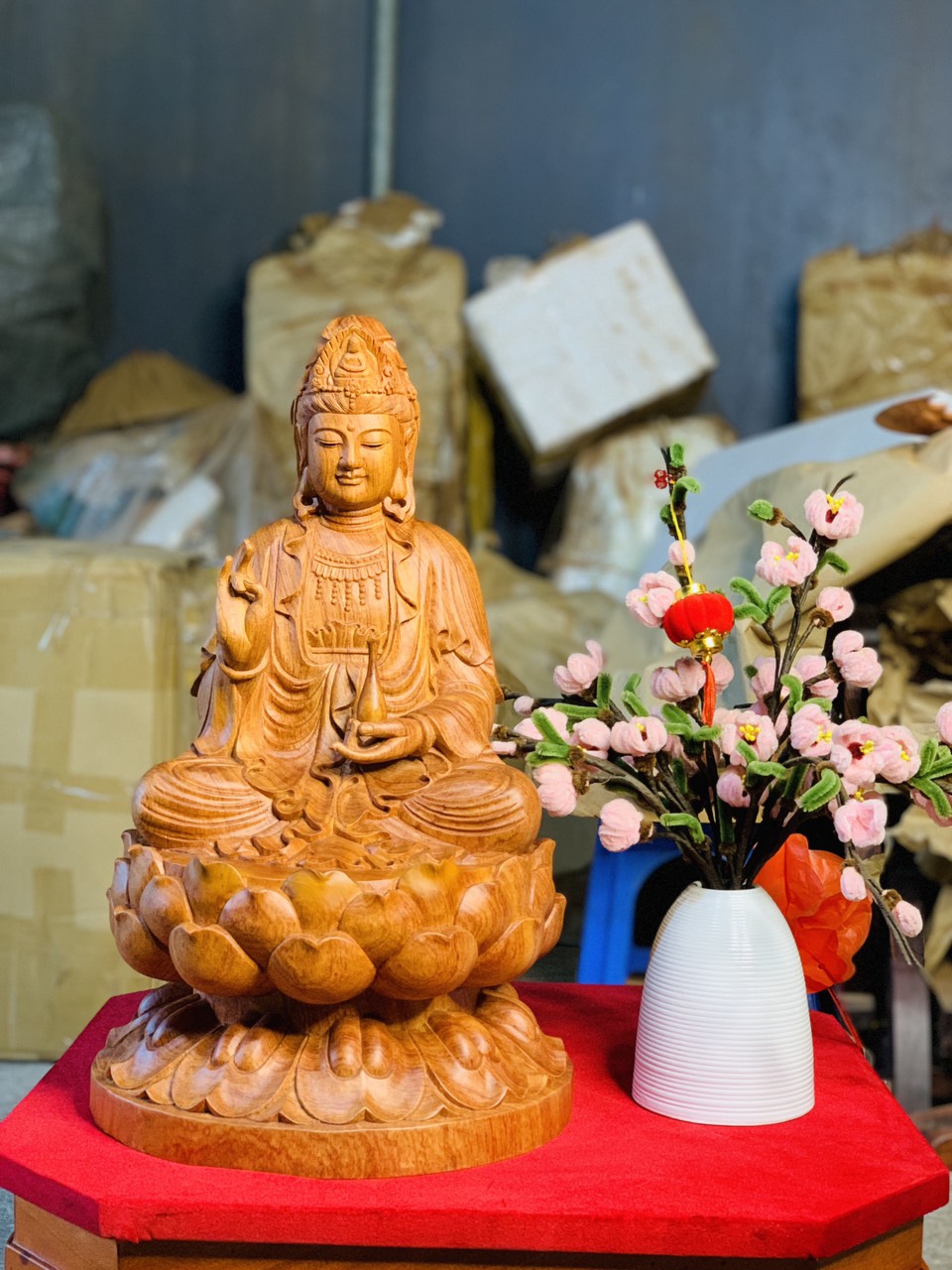 Tượng Gỗ Quan Âm Ngồi Đài Sen Cao 50cm