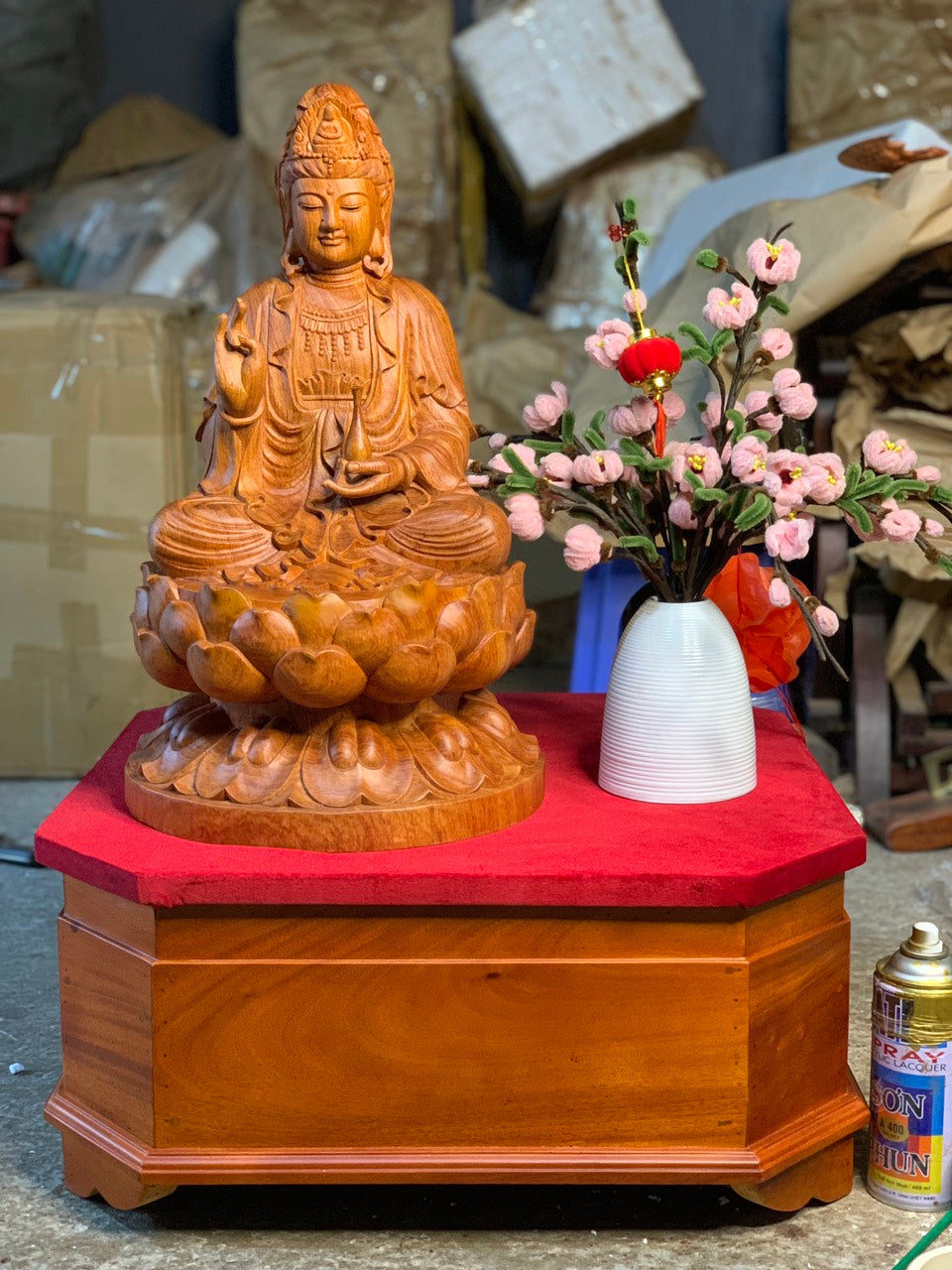 Tượng Gỗ Quan Âm Ngồi Đài Sen Cao 50cm