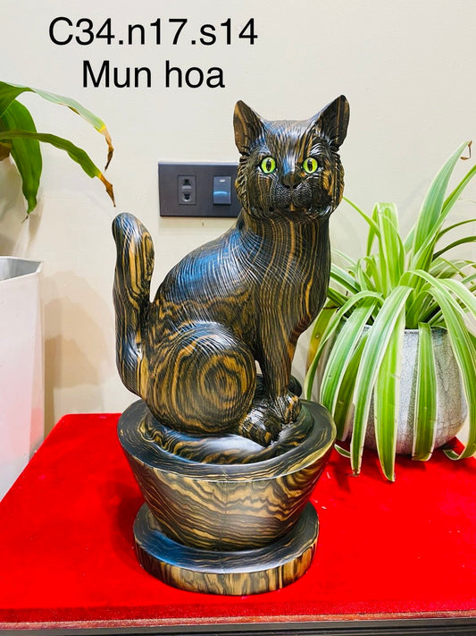 Tượng Linh Vật  Mèo Gỗ Mun Hoa Phong Thuỷ Cao 34cm