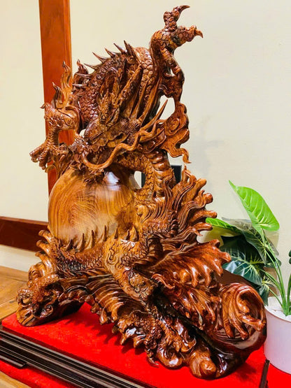 Tượng Linh Vật Rồng - Nhất Long Vờn Ngọc - Gỗ Cẩm Việt Kích Thước Cao 56cm