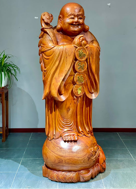 Tượng Di Lặc Chúc Phúc Gỗ Hương Đỏ 1m6 Hàng Đục Thủ Công Cao Cấp