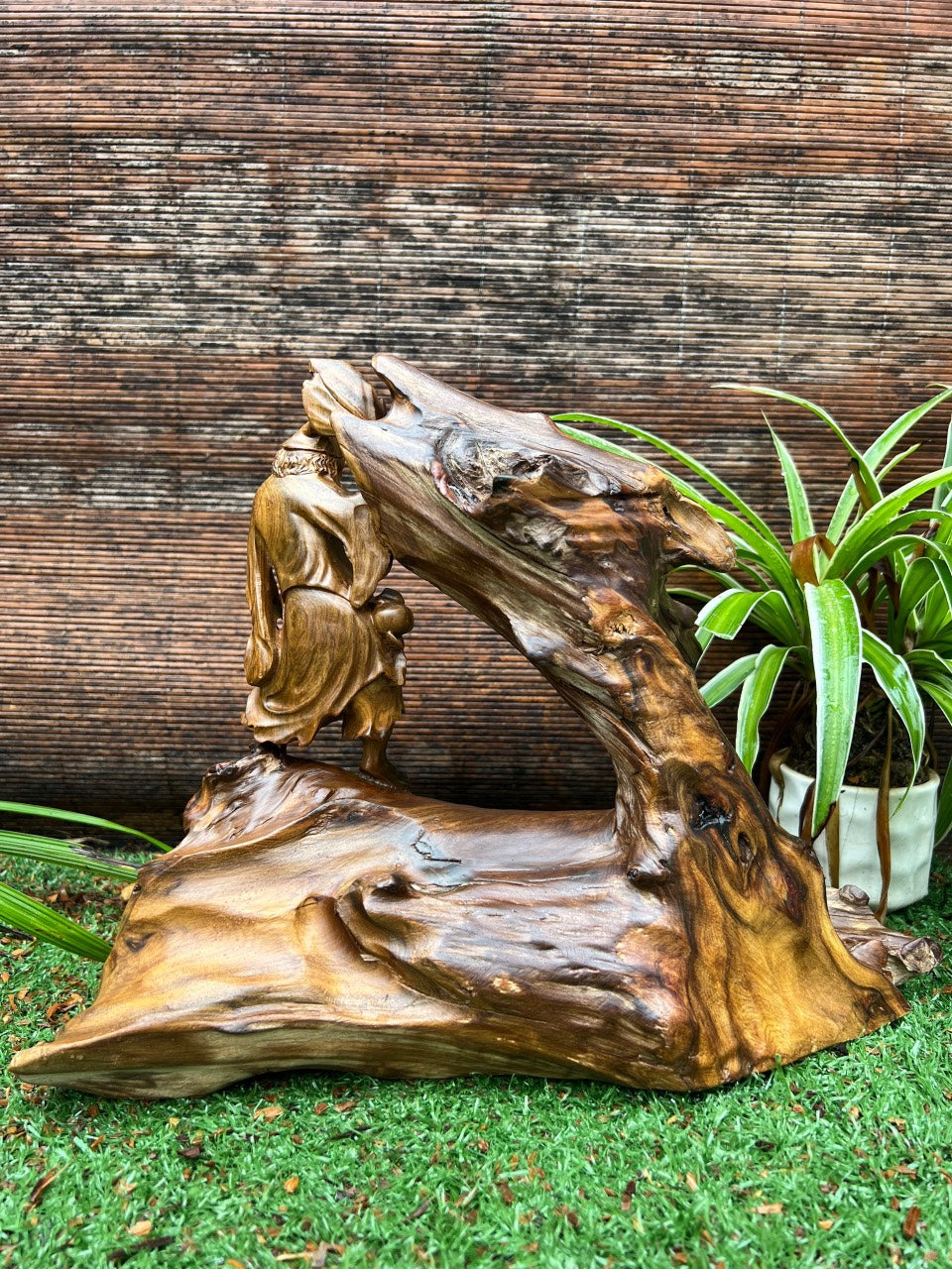 Tác phẩm cụ tế công gỗ lũa gỗ bách xanh cao 26cm