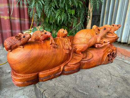 Tượng Linh Vật  Gia Đình Chuột Gỗ Hương Ta - Phong Thủy Ngang 52cm