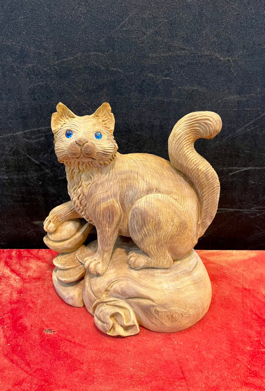 Tượng Mèo Gỗ Ngọc Am Liền Khối Thơm Để Mộc Cao 31cm