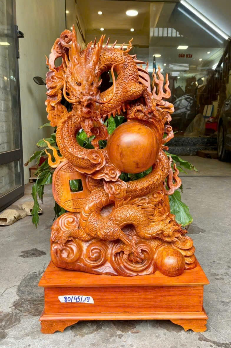Tượng Nhất Long Chầu Ngọc Gỗ Hương - Phong Thủy Cao Cấp Cao 70