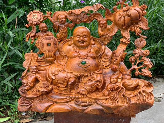 Tượng Di Lặc Ngũ Tặc Ngồi Cành Đào Gỗ HươngTa Ngang 63cm