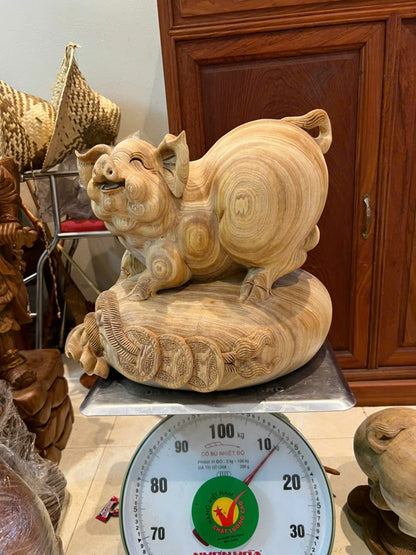 Tượng Linh Vật Heo Gỗ Ngọc Am - Mẫu To Ngang 37cm