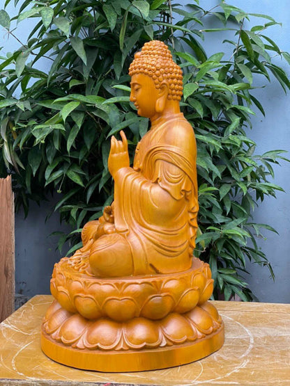 Tượng Phật Dược Sư  Ngồi Đài Sen Gỗ Gõ Vàng - Cao 61cm