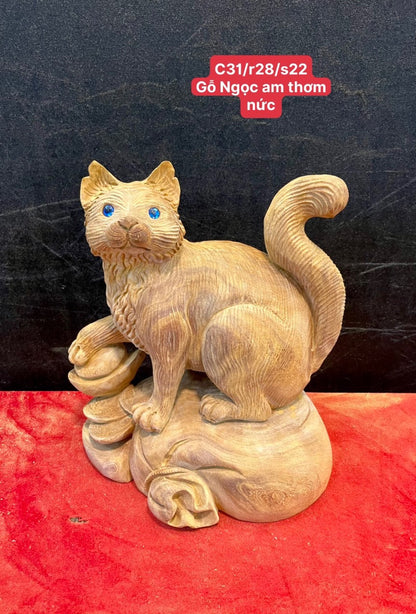 Tượng Mèo Gỗ Ngọc Am Liền Khối Thơm Để Mộc Cao 31cm