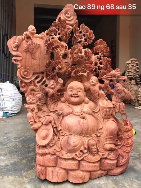 Di Lặc Ngũ Phúc Ngồi Cây Tùng Bưng Thỏi Vàng