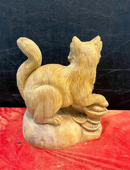 Tượng Mèo Gỗ Ngọc Am Liền Khối Thơm Để Mộc Cao 31cm
