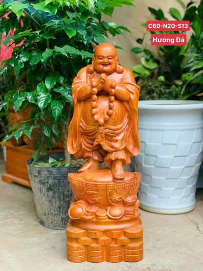 Tượng Di Lặc Đứng Thỏi Vàng Chúc Phúc Gỗ Hương Đá Chiều Cao 60cm