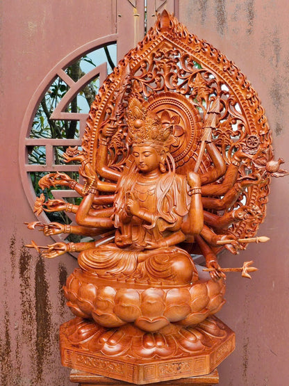 Tượng Phật Chuẩn Đề Mẫu 81 Cánh Tay Có Hào Quang Gỗ Hương Đá - Cao 81cm