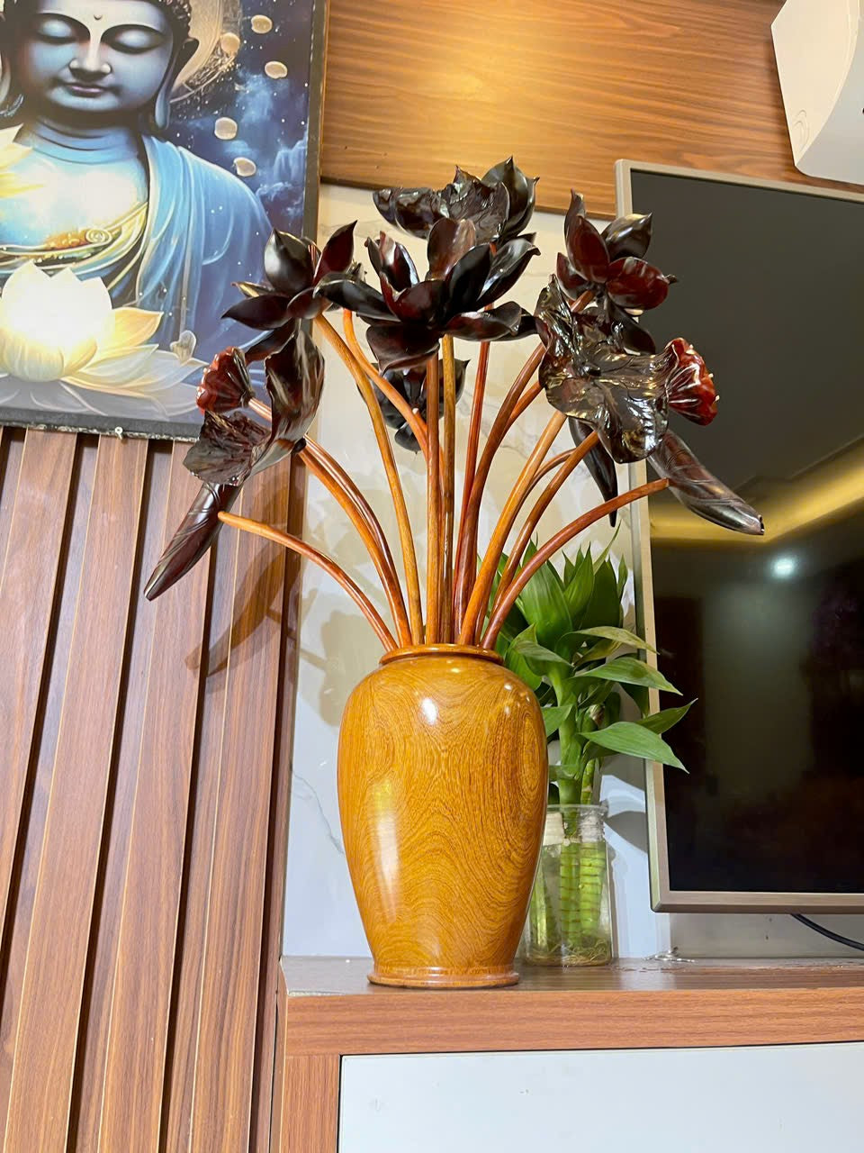 Bình Hoa Sen 15 Cành - Gỗ Trắc Tự Nhiên