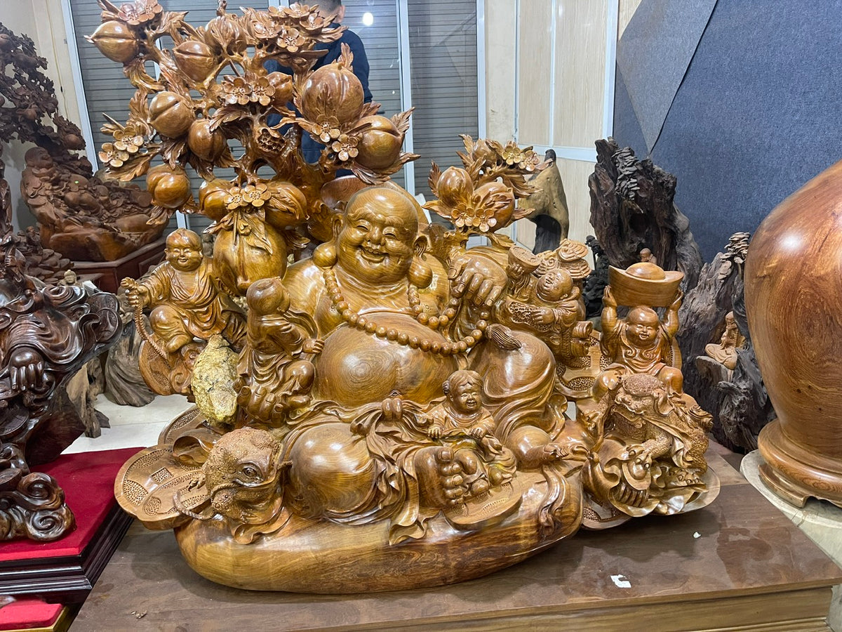 Tượng Di Lặc Ngũ Phúc Vác Cành đào Gỗ Hương Ta Cao 90