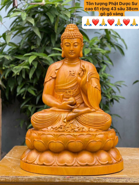 Tượng Phật Dược Sư  Ngồi Đài Sen Gỗ Gõ Vàng - Cao 61cm