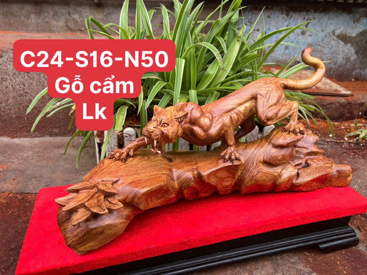 Tượng Linh Vật Con Báo Gỗ Cẩm - Báo Săn Mồi Ngang 50cm