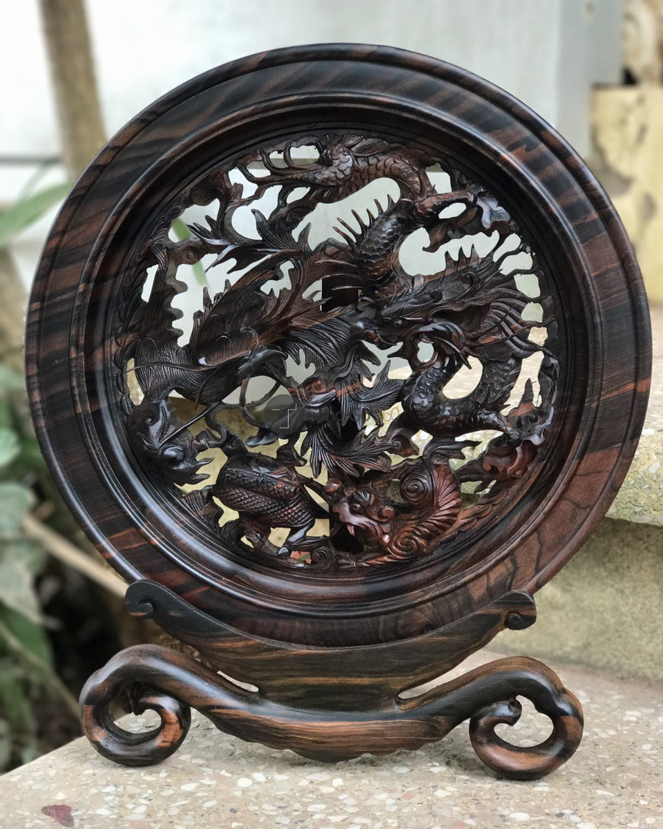 Đĩa Gỗ Tứ Linh - Long Lân Quy Phụng - Gỗ Mun