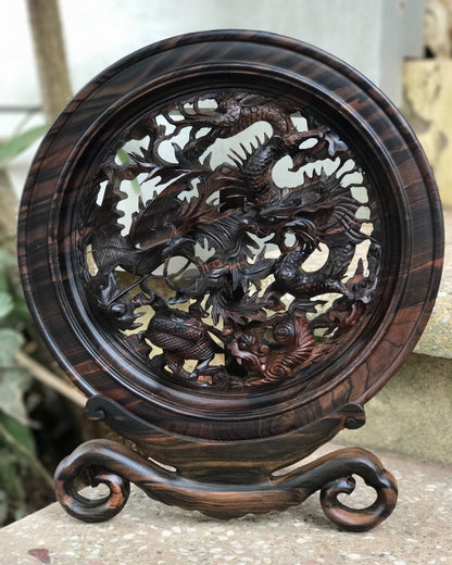 Đĩa Gỗ Tứ Linh - Long Lân Quy Phụng - Gỗ Mun