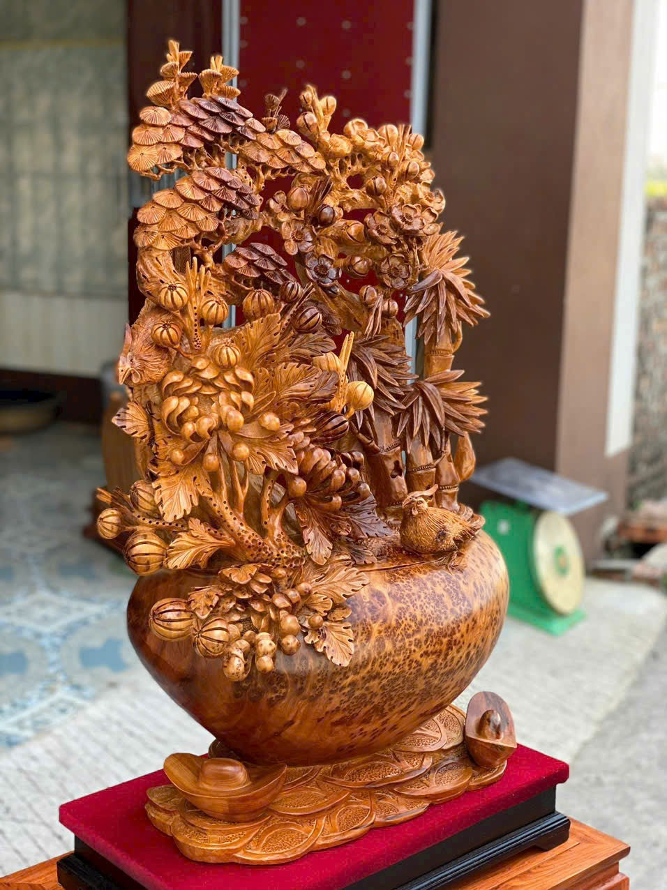 Tiểu Cảnh Bình Tứ Quý Gỗ Nu Ngọc Am - Kích Thước Cao  88cm