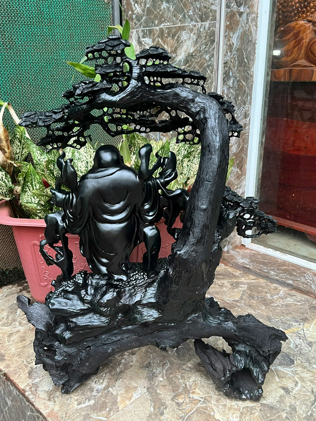 Tượng Di Lặc Đứng Cây Tùng Gỗ Mun Sừng - Cao 73cm