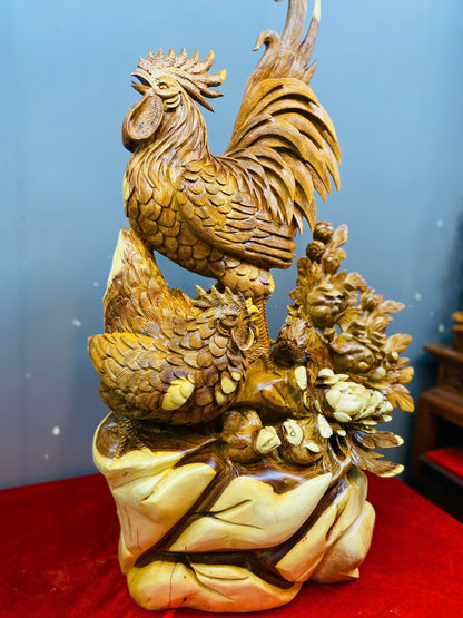 Tượng Gia Đình Gà Gỗ Hương Ta - Cao 85cm