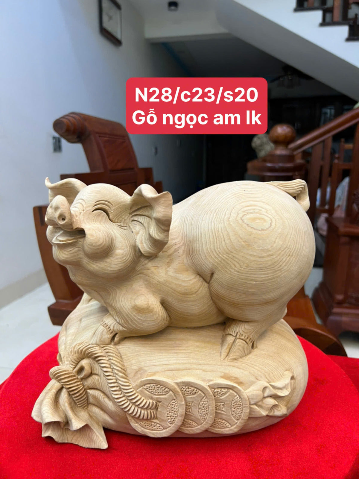 Tượng Heo Nằm Bao Tiền Gỗ Ngọc Am Mộc  Cao 23cm
