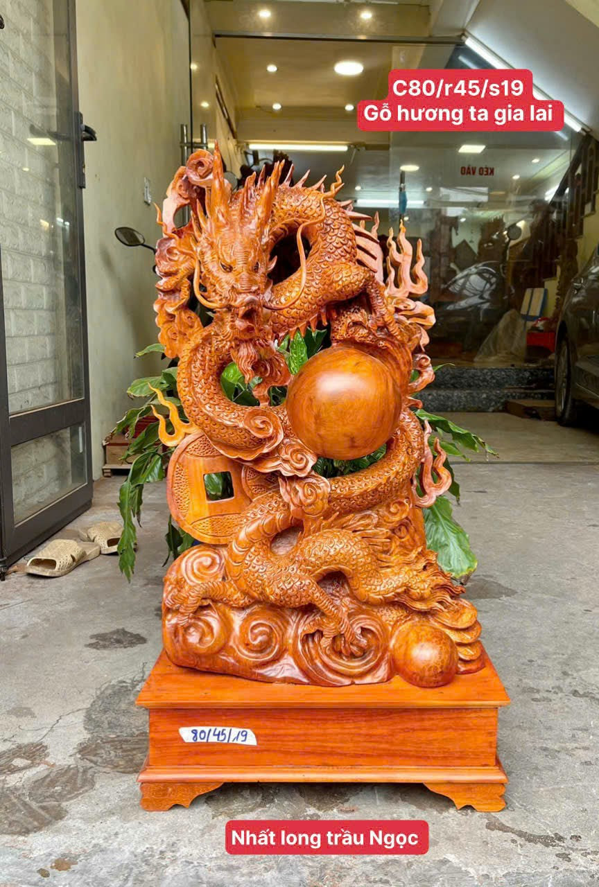 Tượng Nhất Long Chầu Ngọc Gỗ Hương - Phong Thủy Cao Cấp Cao 70