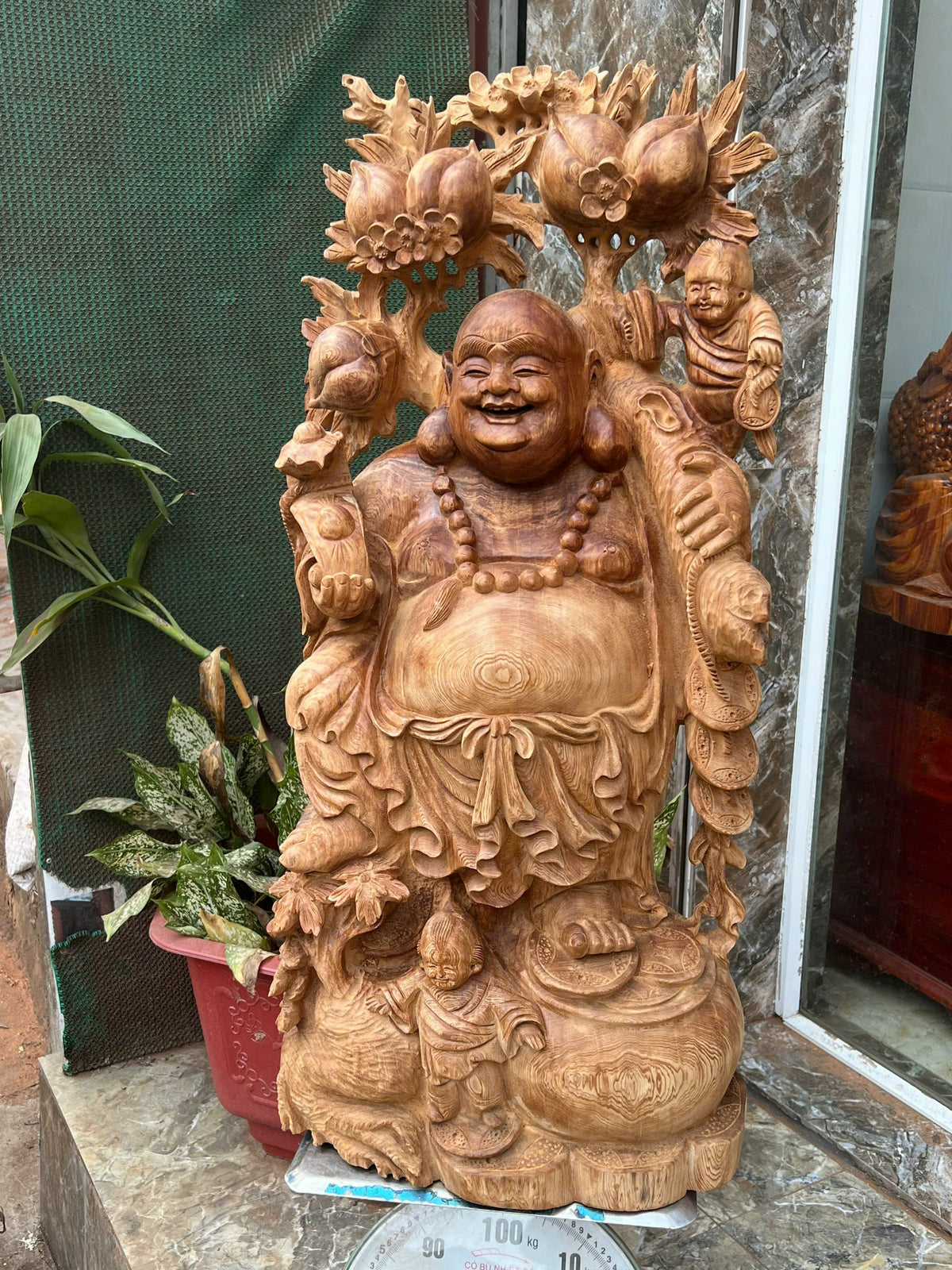 Tượng Cụ Di Lặc Vác Cành Đào Gỗ Ngọc Am Va Gốc Tự Nhiên Cao 86cm