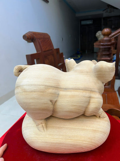Tượng Heo Nằm Bao Tiền Gỗ Ngọc Am Mộc  Cao 23cm