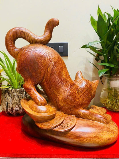 Tượng Mèo Xinh Phú Quý Gỗ Cẩm Việt - Tượng Phong Thủy Độc Đáo