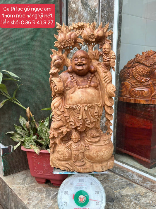 Tượng Cụ Di Lặc Vác Cành Đào Gỗ Ngọc Am Va Gốc Tự Nhiên Cao 86cm